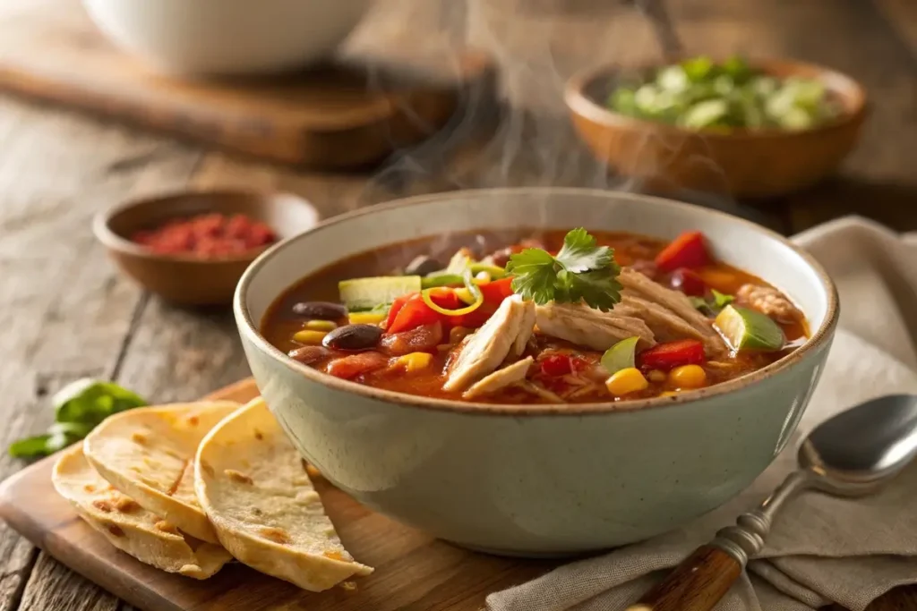 Finished spark recipes chicken taco soup garnished with cilantro and lime