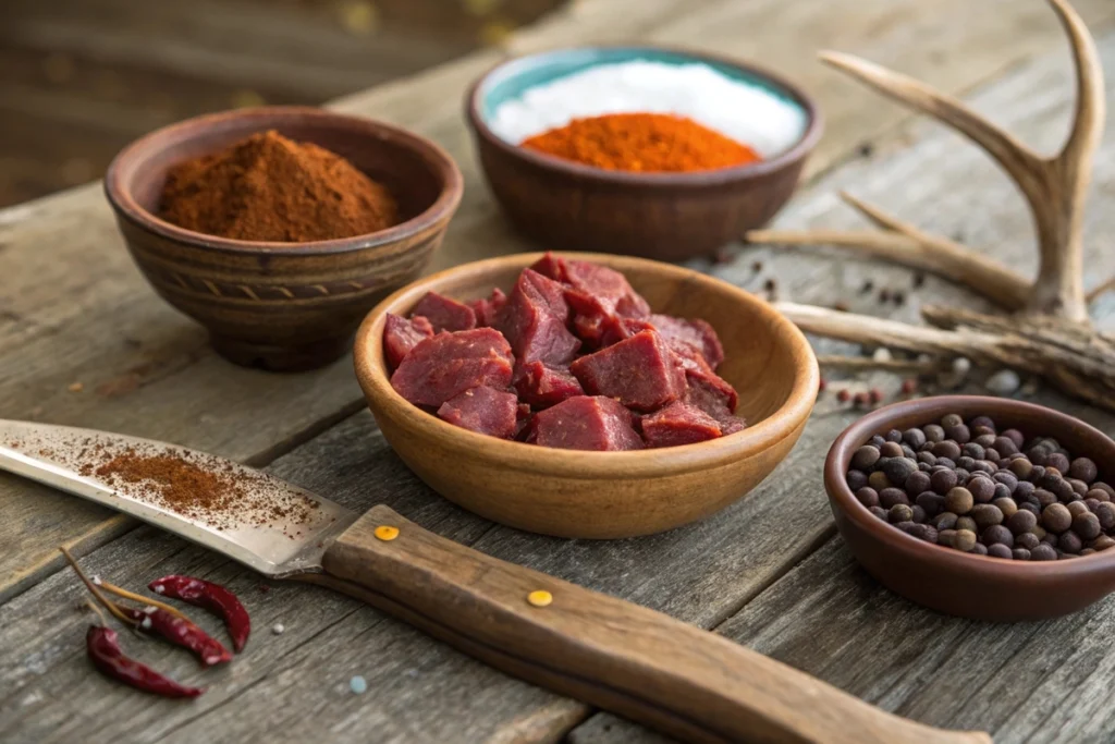 Ingredients for venison chili: ground deer meat, spices, beans, tomatoes