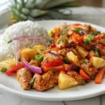 Hawaiian chicken sheet pan meal served with white rice, featuring glazed chicken pieces, fresh pineapple chunks, red peppers, and purple onions garnished with green onions