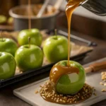 Fresh caramel apple candy being dipped with golden caramel sauce and crushed nuts