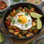 Crispy Mexican breakfast potatoes in cast iron skillet with fried egg