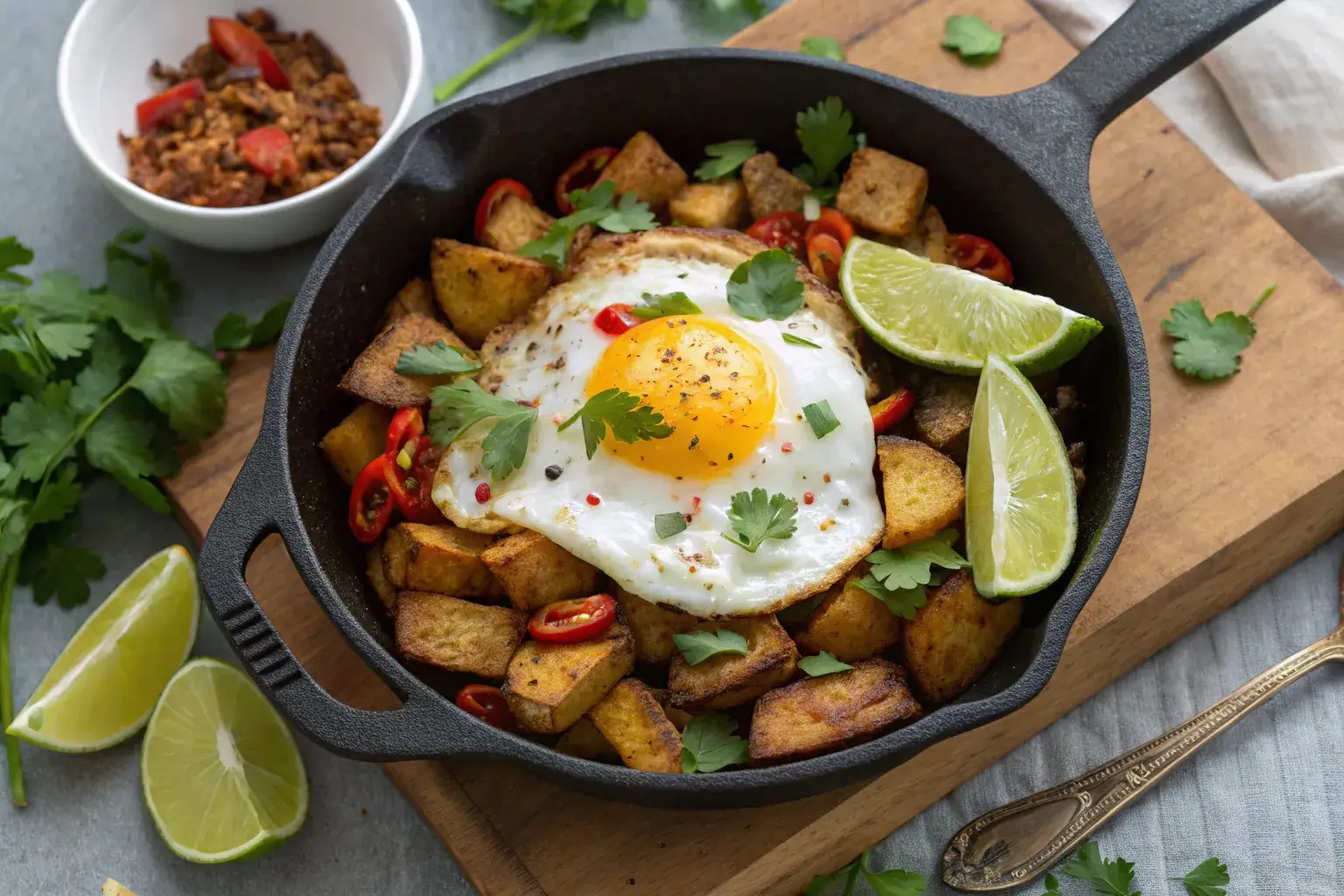 Crispy Mexican breakfast potatoes in cast iron skillet with fried egg