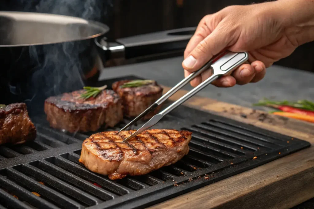 Testing sirloin strip steak doneness with finger method