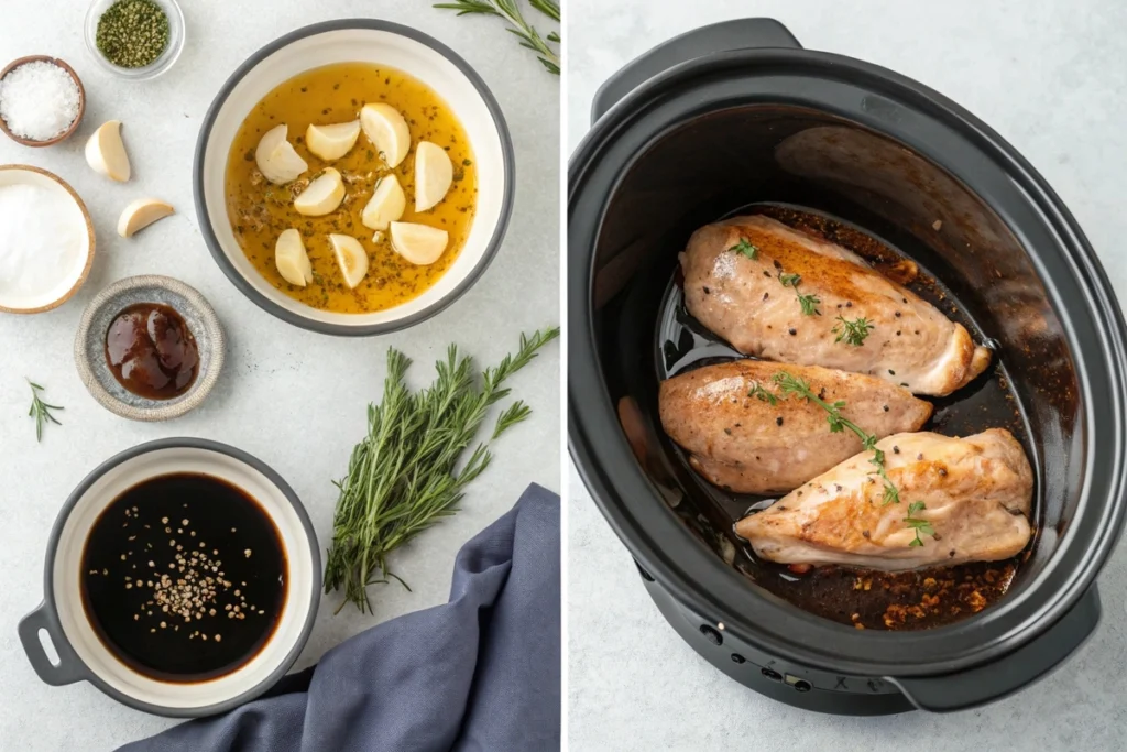 Garlic balsamic chicken being prepared in a crock pot.