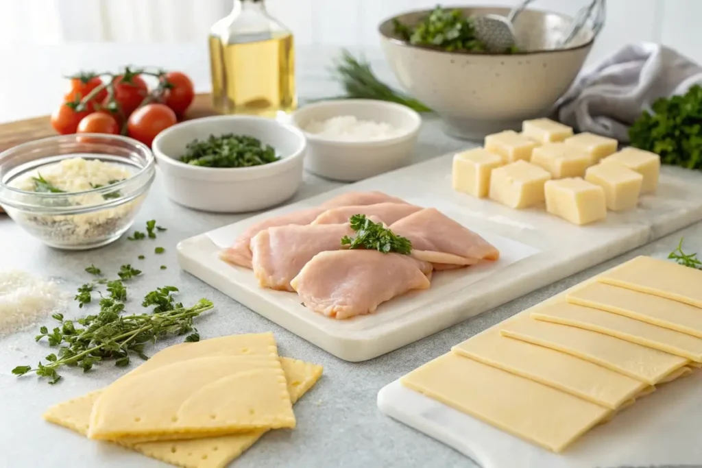 Fresh ingredients for chicken and cheese jalousie recipe