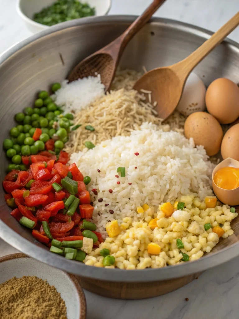 Combining rice, eggs, and vegetables in a bowl