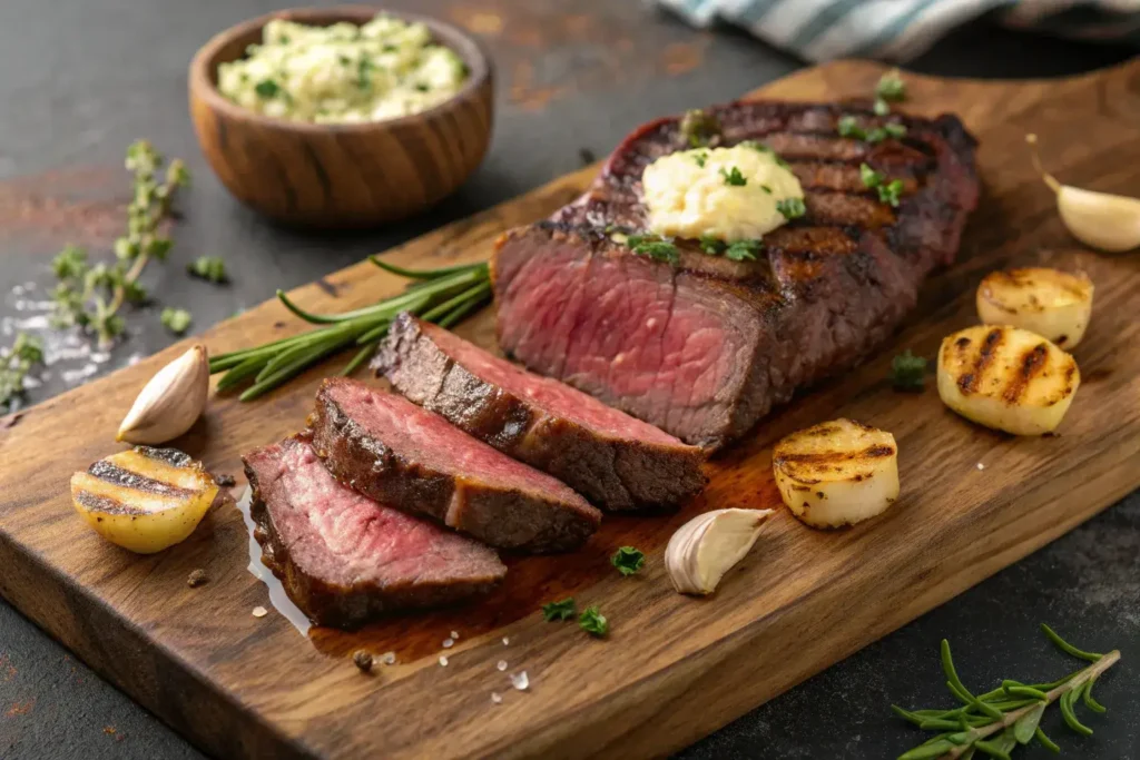 Sliced medium-rare sirloin strip steak with melting herb butter
