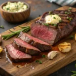 Sliced medium-rare sirloin strip steak with melting herb butter