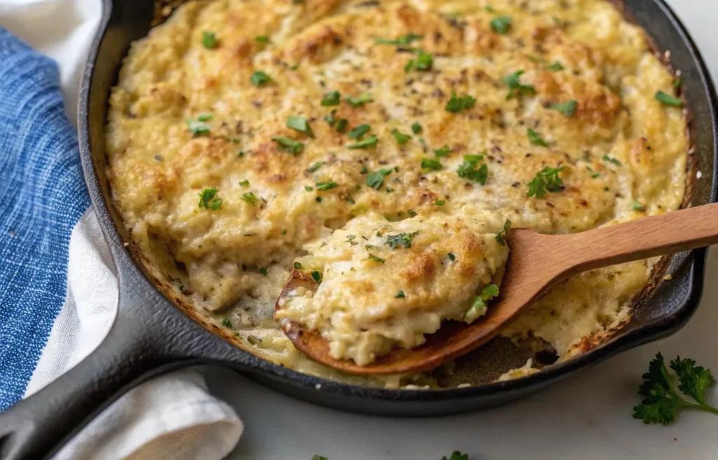 Plated french onion chicken and rice recipe dish.