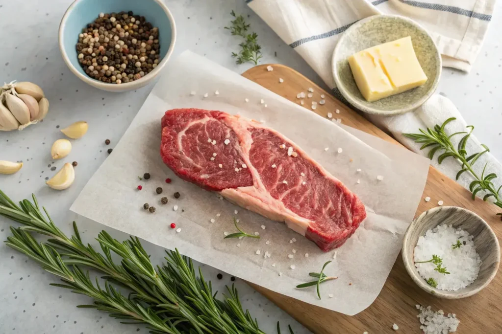 Seasoning raw sirloin strip steak with salt and pepper