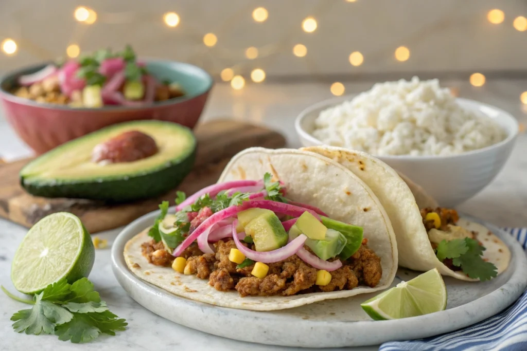 Ground chicken corn tacos with avocado and lime