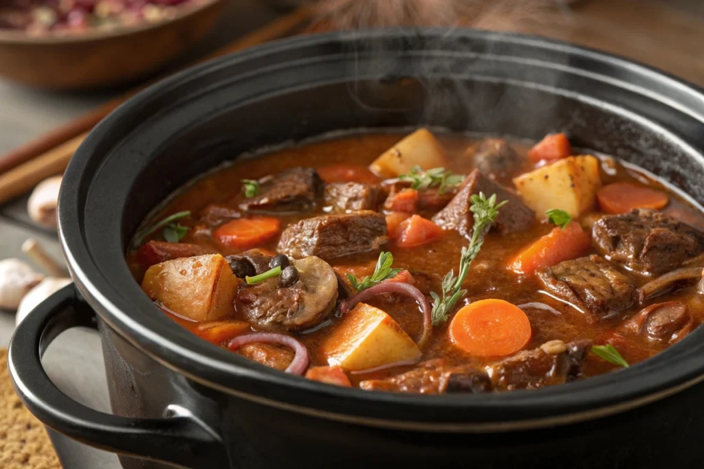 Beef bourguignon stew cooking in a crock pot.