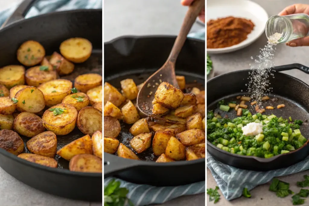 Cooking stages of Mexican breakfast potatoes in skillet