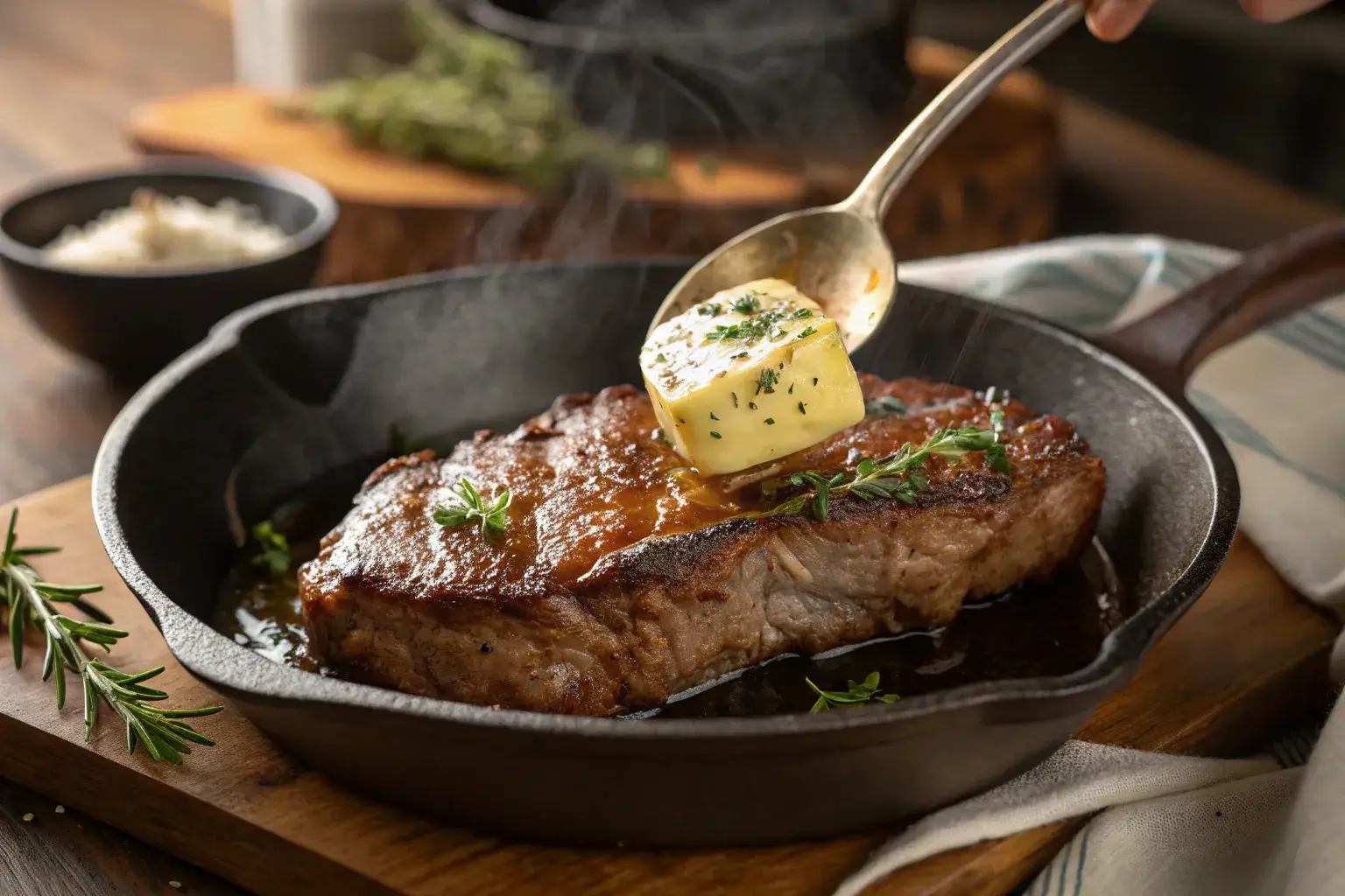 Juicy sirloin strip steak being butter basted in cast iron pan