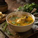 Homemade chicken leg soup with fresh herbs