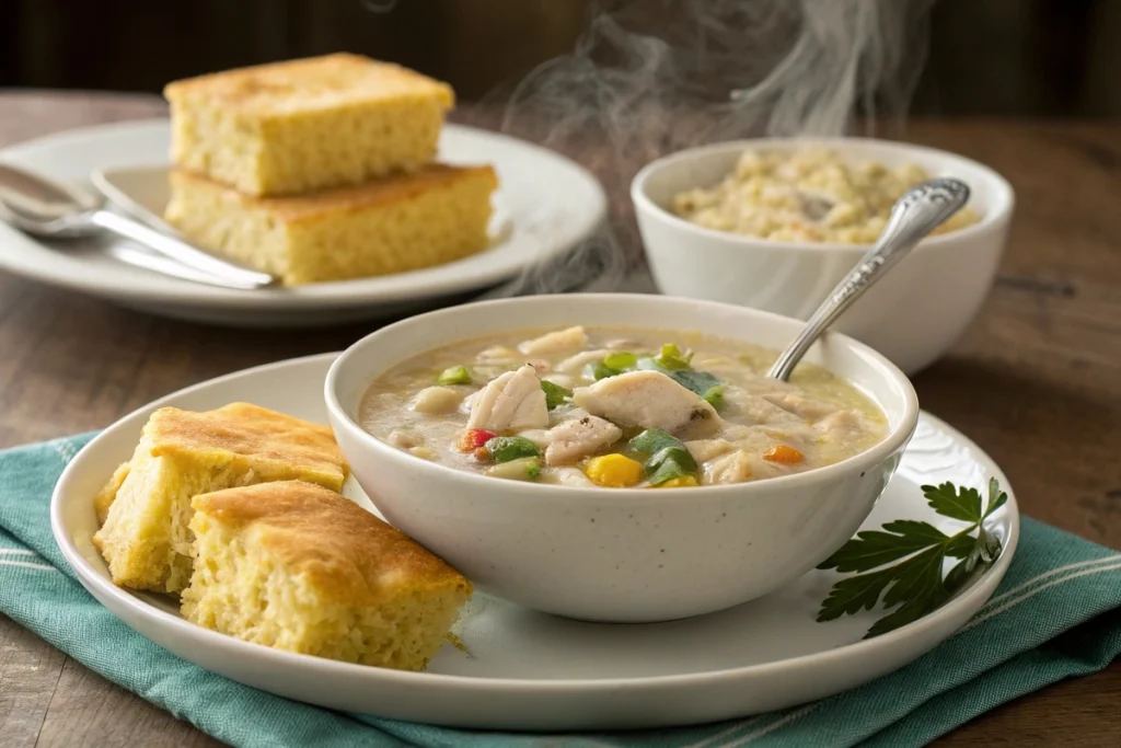 White chicken chili served with cornbread.