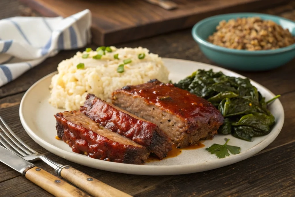 A complete Creole meatloaf dinner with mashed potatoes and greens