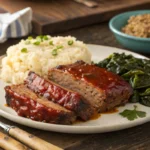A complete Creole meatloaf dinner with mashed potatoes and greens